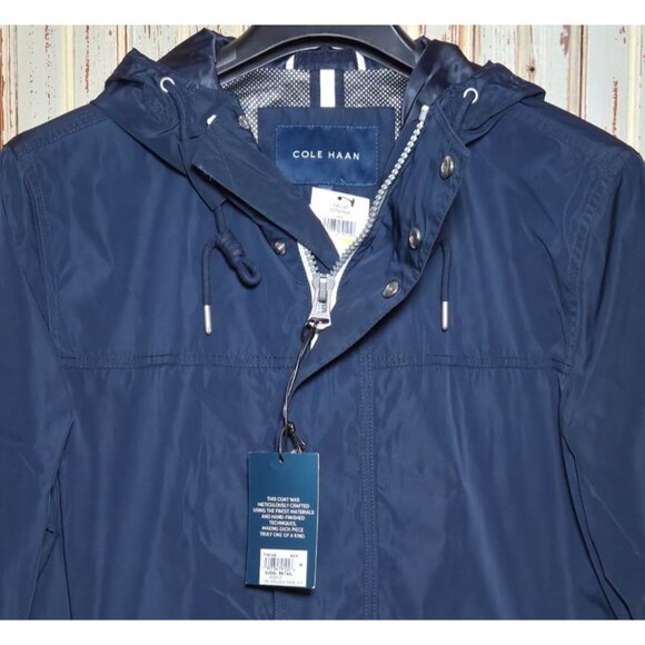 New Cole Haan Mens Hooded Rain Jacket T40143 Medium Navy Polyester - Picture 2 of 9